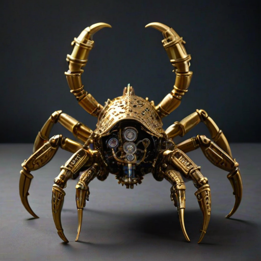 Create a high-intensity, high-resolution image of a steampunk scorpion, featuring intricate clockwork mechanisms and brass gears. The scorpion should have metallic limbs with elaborate jointed segments, showcasing a blend of Victorian-era aesthetics and futuristic technology. The body should be adorned with cogwheels, pistons, and small steam vents emitting a subtle mist, the front pinchers should up up and open. Capture the scene with dramatic lighting to emphasize the mechanical details, giving it a sense of motion and life