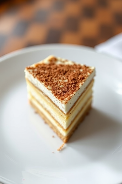 Capture a close-up of a slice of tiramisu on a white plate, using a DSLR camera with a 50mm lens at f/2.8, ISO 100, and a shutter speed of 1/125, natural lighting to enhance texture and details.