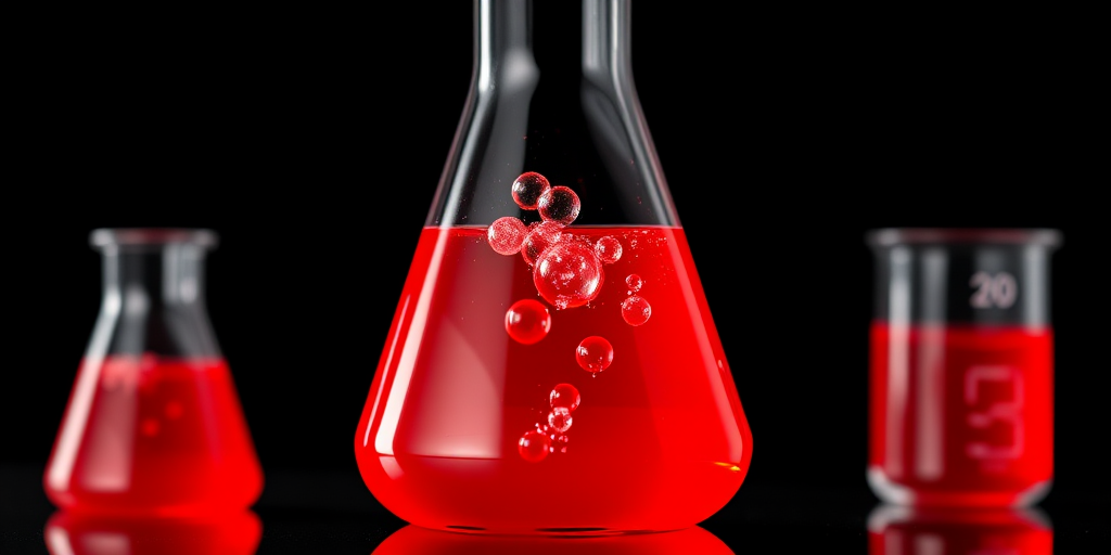 Create a high-resolution image of a red laboratory flask with bubbles, set against a black background, using a 50mm lens, f/2.8 aperture, ISO 100, top-down view, and photographed with a digital SLR camera.