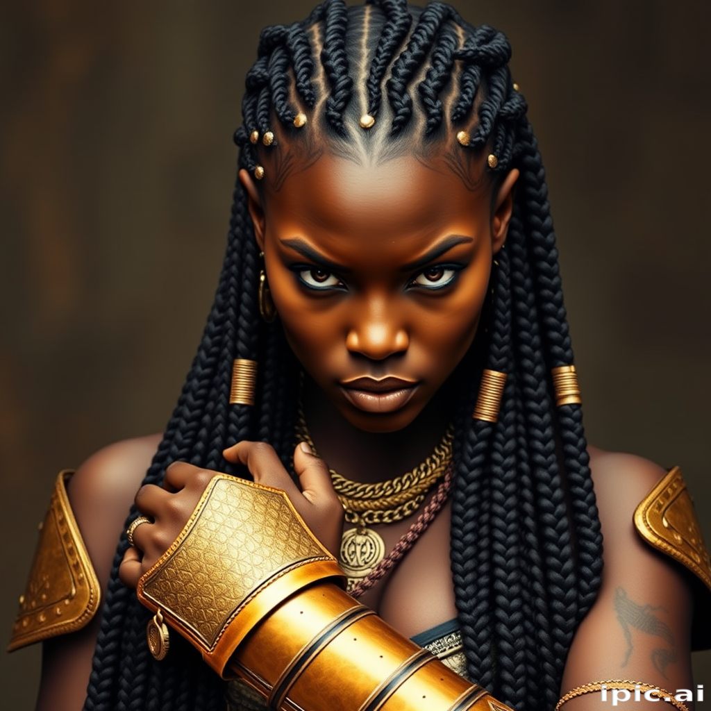 Fierce warrior woman sporting tight cornrow braids leading into long box braids, accented with golden cuffs and metallic thread