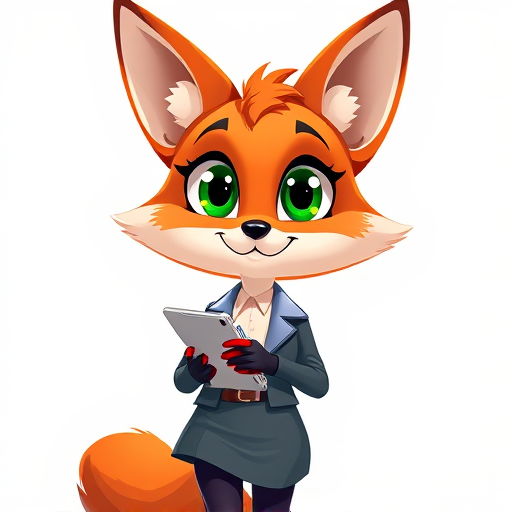 Create a vibrant cartoon illustration of a fox character with large green eyes and stylized features, wearing a business outfit with a pencil skirt and holding a tablet, set against a bright, clean background, using a DSLR camera, 50mm lens, f/2.8 aperture, and soft lighting to enhance the colors and details.