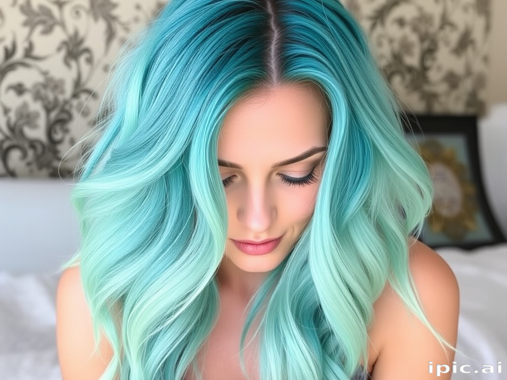 Effervescent turquoise-haired mermaid showcasing beach waves with subtle ombré effect, transitioning to seafoam green tips