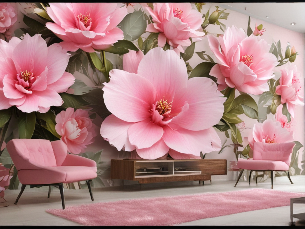 Elegant Living Room Design Featuring Large Pink Floral Wall Mural Decor