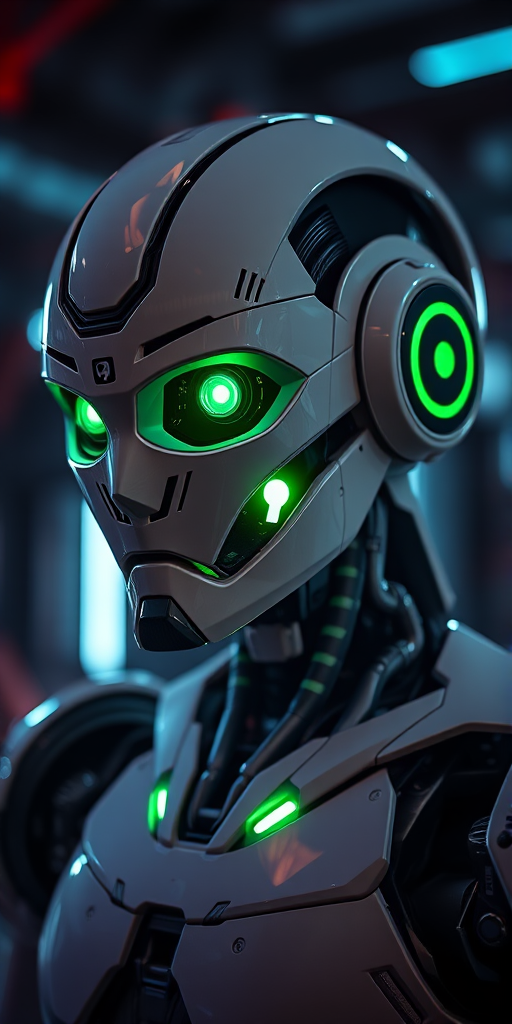 High-resolution image of a futuristic humanoid robot with glowing green eyes in a cybernetic environment, using a Canon EOS R5 camera, 50mm lens, aperture f/1.8, ISO 100, shutter speed 1/200 sec, captured in dramatic backlighting with a portrait view and high dynamic range.