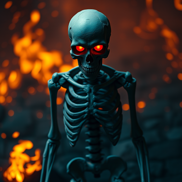 Create a hyper-realistic image of a skeletal figure with glowing red eyes walking towards the viewer amidst a fiery background, using a Canon EOS R5 camera with an 85mm f/1.2 lens, aperture set to f/1.4, ISO 100, and a shutter speed of 1/200s in low light with dramatic lighting to enhance textures and details.