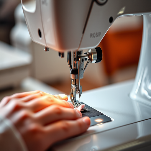 close-up of a sewing machine in use with hands inserting fabric under the needle, natural light, aperture f/2.8, shutter speed 1/125, ISO 200, DSLR camera, shallow depth of field, focus on sewing machine components
