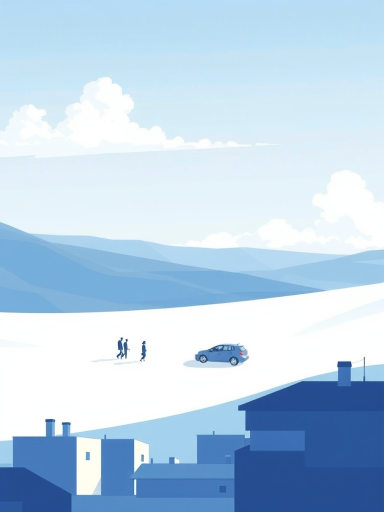 Create a minimalist landscape illustration featuring two cars and figures walking in a serene environment with buildings in the foreground, using a soft color palette of blues and whites; camera settings: aperture f/8, ISO 200, shutter speed 1/250s; camera view: wide-angle; camera style: digital painting; camera type: mirrorless camera.