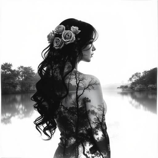 Double-masking photography, double exposure, an exquisite ink painting on white paper that's the perfect piece of double exposure art. This piece should combine the volume-shaded silhouette of a woman with beautiful long wavy hair with beautiful roses in her hair, beautiful monochrome white back under a beautiful  tree-lined lake