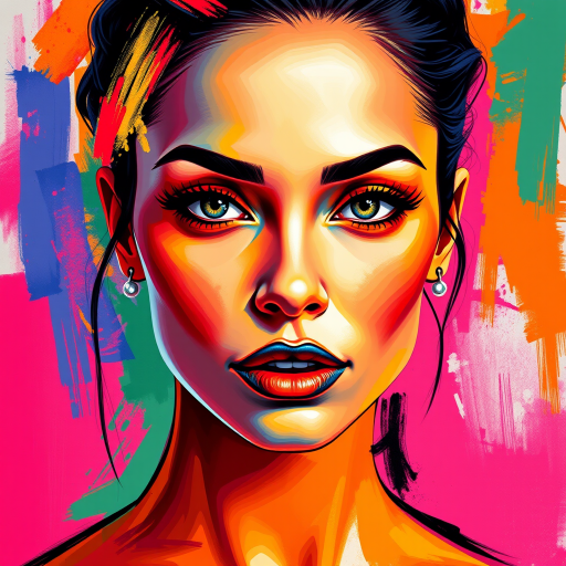create a vibrant portrait of a woman with striking features and colorful abstract brush strokes around her face, emphasizing bold colors and a dynamic background