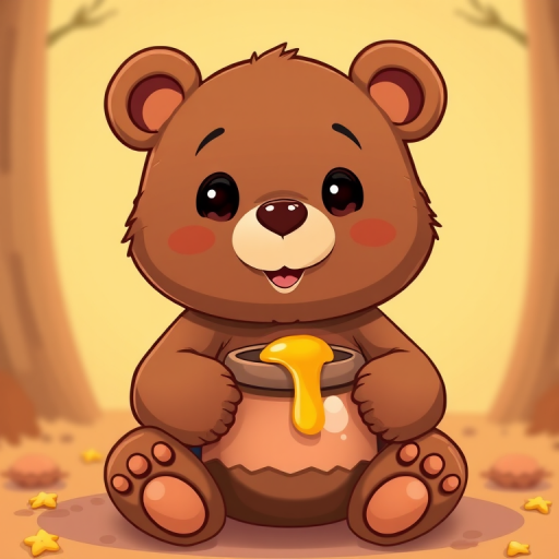 Cartoon-style illustration of a cute brown bear sitting with a honey pot, bright colors, high detail, 4K resolution; camera settings: f/2.8 aperture, ISO 100, shutter speed 1/60s; camera view: frontal close-up; camera style: soft focus; camera type: DSLR.