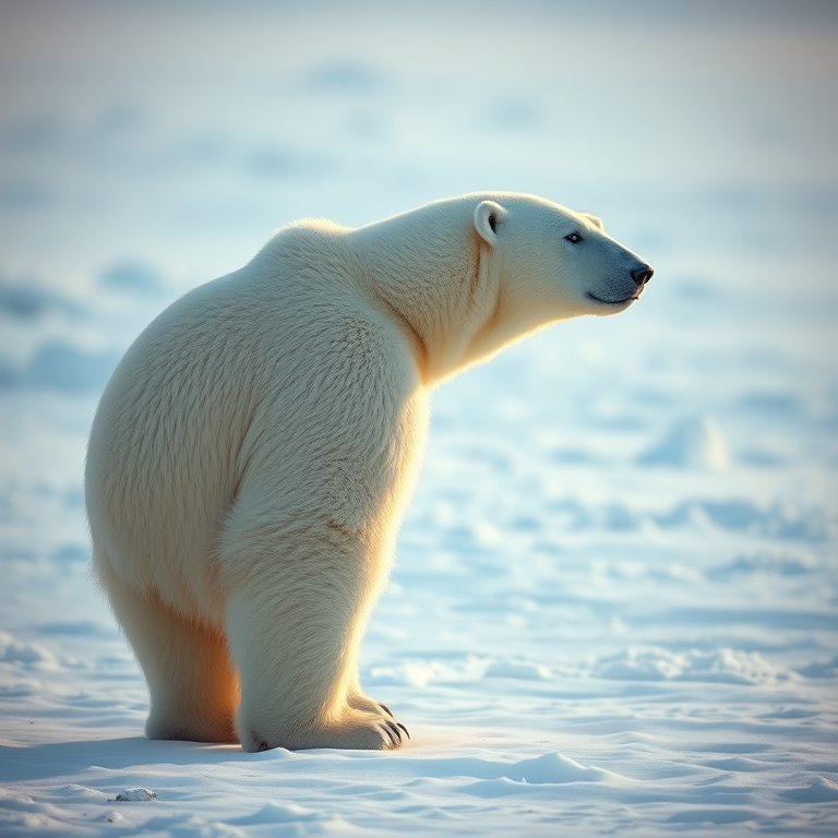 Create a realistic depiction of a polar bear standing side profile in a snowy landscape with soft diffused lighting using a DSLR camera, 50mm lens, aperture f/4 for a shallow depth of field, ISO 100 for high image quality, and a standard perspective view for clarity.