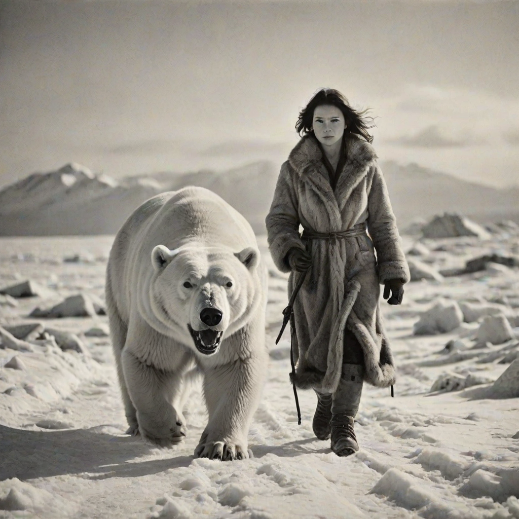 A very old photograph in black and white. The photo is badly damaged, faded, with scratches, tears, smudges and dirt. The photo is ultra-realistic and very detailed. It's a picture of an Arctic warrior. She is walking serenely towards the camera. At her side walks a majestic polar bear. Its fur shines in the sunlight. Snow, ice, sea. wind. snow in the air.