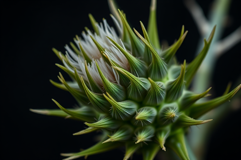 High-resolution close-up of a thistle plant with sharp green spikes and accents, shot with a DSLR camera at f/4.0, ISO 100, 1/200 sec, using macro lens, natural light with a dark background for contrast.