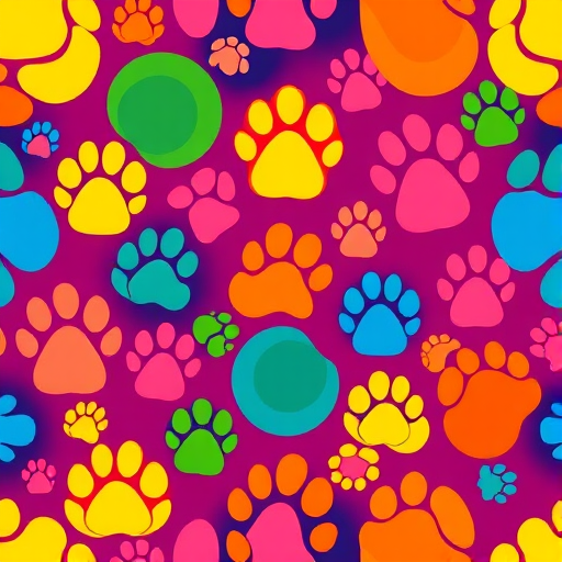 Generate a vibrant and colorful pattern of various abstract shapes resembling paws and blobs with a high-resolution background, using a Canon EOS R5 camera, 50mm lens, f/1.8 aperture, ISO 100, and natural lighting.