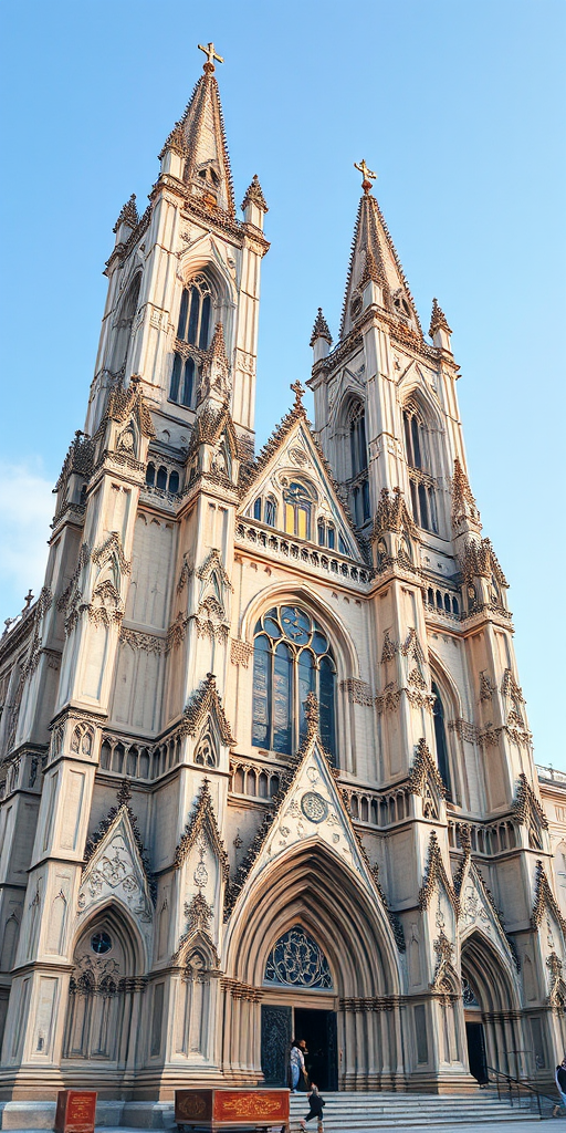 digital illustration of a Gothic cathedral with intricate details and twin towers, wide-angle view, high dynamic range, 50mm lens, f/8 aperture, ISO 100, captured in soft daylight for enhanced clarity and vivid colors
