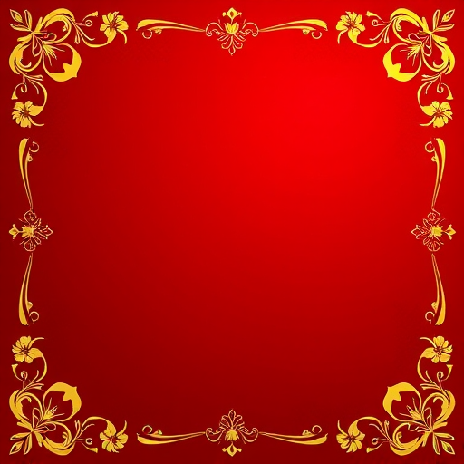 Create a vibrant, deep red background with an intricate gold floral border, shot with a DSLR camera at f/4, ISO 100, 50mm lens, using a soft focus style for an elegant finish.