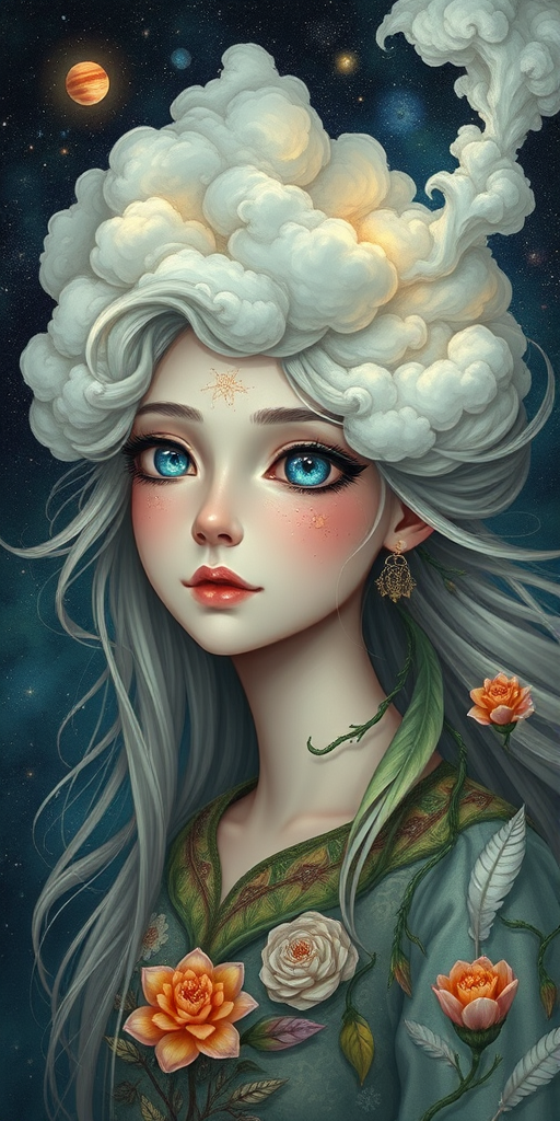 Create a series of imaginative portraits where each subject is infused with elements of fantasy and nature. The hair of the individuals should flow like clouds, varying from soft, fluffy cumulus to wispy cirrus strands, with hints of color reflecting a sunset or a clear blue sky. The eyes should be windows to entire galaxies, with stars, nebulae, and distant planets visible within them. Clothing should be adorned with nature motifs, such as floral patterns that bloom and change, vines that seem to grow and wrap around, or feathers that shimmer with iridescence. Each portrait should capture a unique personality, blending human features with the ethereal beauty of the natural and cosmic world. The backgrounds can vary, from starry night skies to enchanted forests, adding depth and context to the magical realism of the portraits