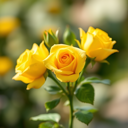 Create a high-resolution image of yellow roses on a green stem with leaves, taken with a DSLR camera at f/2.8 aperture, 50mm lens, ISO 100, natural lighting, soft focus background to enhance the clarity and vibrancy of the flowers.