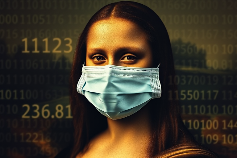 Regenerate the image of the Mona Lisa wearing a mask, with a digital background of binary code, shot with a DSLR camera at f/2.8, ISO 100, 50mm lens, in portrait orientation and high dynamic range style for enhanced clarity and vibrancy.
