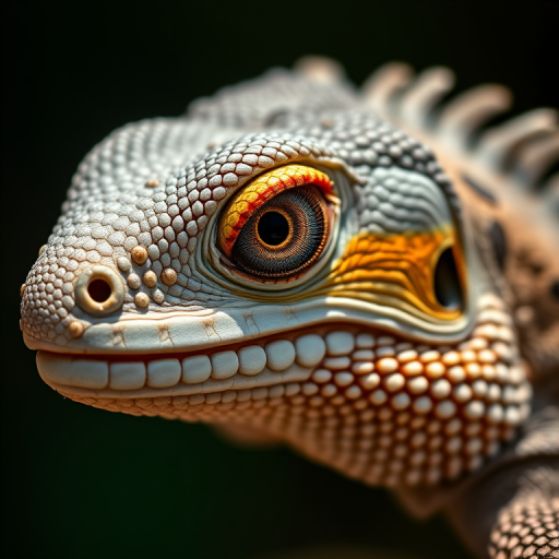 highly detailed close-up of a textured lizard head showing intricate scales and vibrant eye, natural lighting, shallow depth of field, shot at 85mm f/1.8 lens, ISO 200, 1/200s, DSLR camera