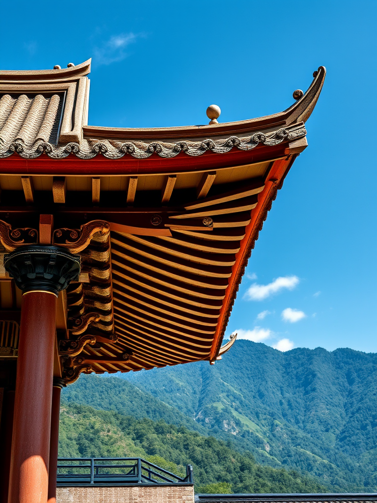 capture a detailed photograph of a traditional Asian temple roof with intricate detailing against a backdrop of lush green mountains under a bright blue sky, use a Canon EOS R5 with a 24-70mm f/2.8 lens at f/8, ISO 100, 1/250 sec, shoot from a high angle with a wide shot for depth and clarity