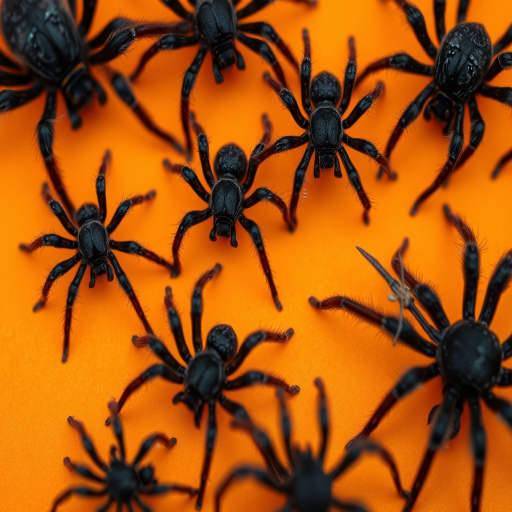 Generate an image of black spiders with varying sizes on an orange background, use a macro lens setting, aperture f/8, 50mm focal length, and a shallow depth of field to enhance detail and contrast, illuminate with soft diffused lighting.