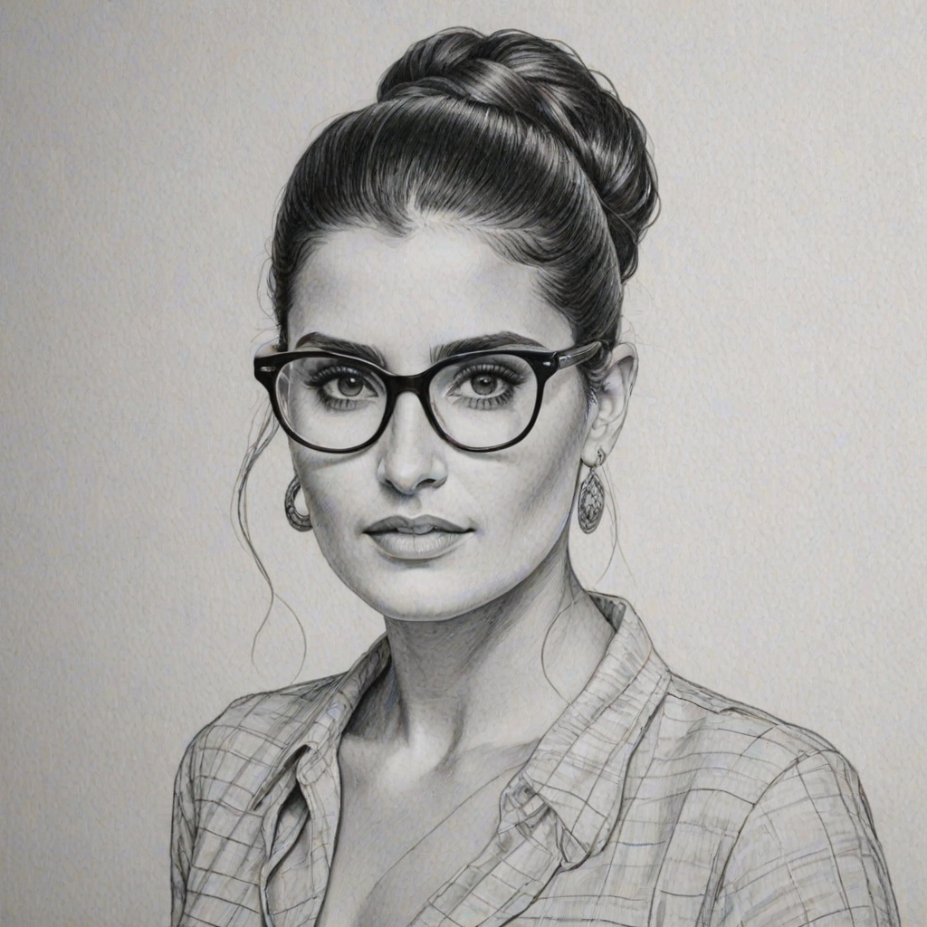 Stunning Nelly Furtado, pencil sketch, portrait of Delightful woman 1971s in glasses, hair style beatnik, outline, clear lines, fine lines, 8k