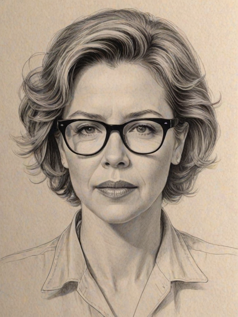 Bewitching Annette Bening, pencil sketch, portrait of Stunning woman 1948s in glasses, hair style beatnik, outline, clear lines, fine lines, 8k