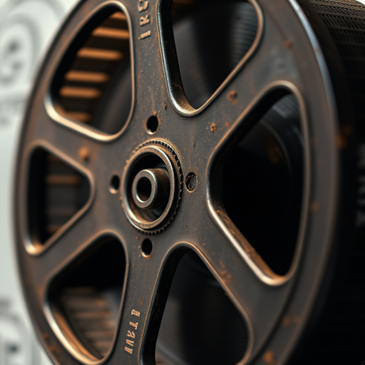 high-resolution image of a vintage film reel with detailed texture, captured with a DSLR camera at f/4 aperture, ISO 100, 50mm lens, top-down view, in natural light for enhanced contrast and clarity