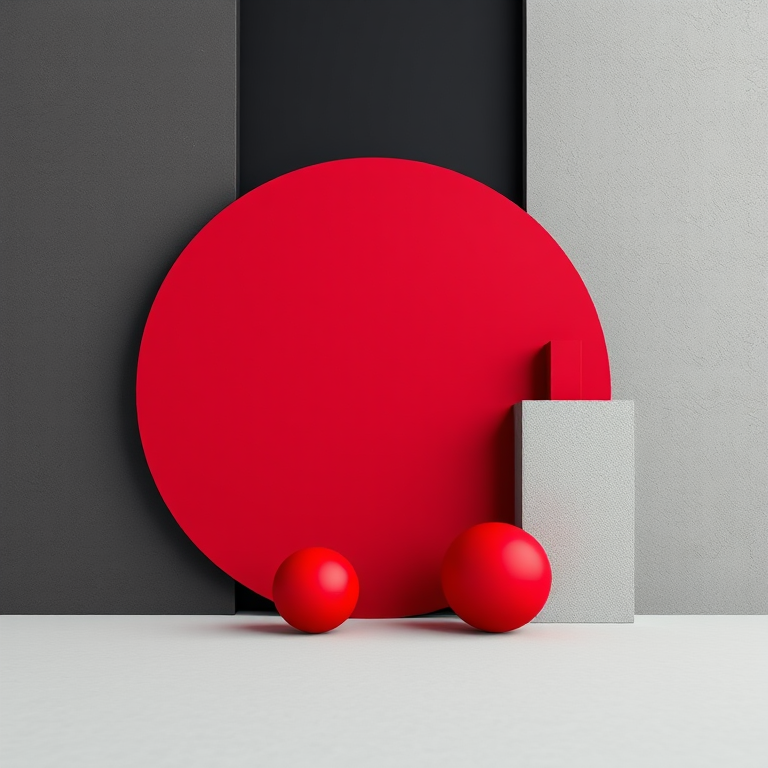 Create an abstract art image featuring geometric shapes with a large circular form and two red spheres against a backdrop of gray and black blocks, using a Canon EOS R5 with a 50mm lens, aperture set to f/1.8, ISO 100, in a clean and minimalistic style.