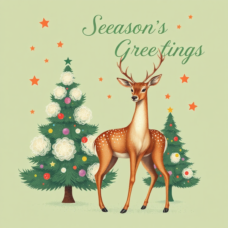 Create a vintage-style illustration of a graceful deer standing next to two fluffy Christmas trees adorned with polka dots against a soft green background, incorporate whimsical stars and the text "Season's Greetings" in a retro font, DSLR camera settings: f/5.6, ISO 100, 50mm lens, view from eye level, focus on the deer, vibrant colors and soft pastel tones.