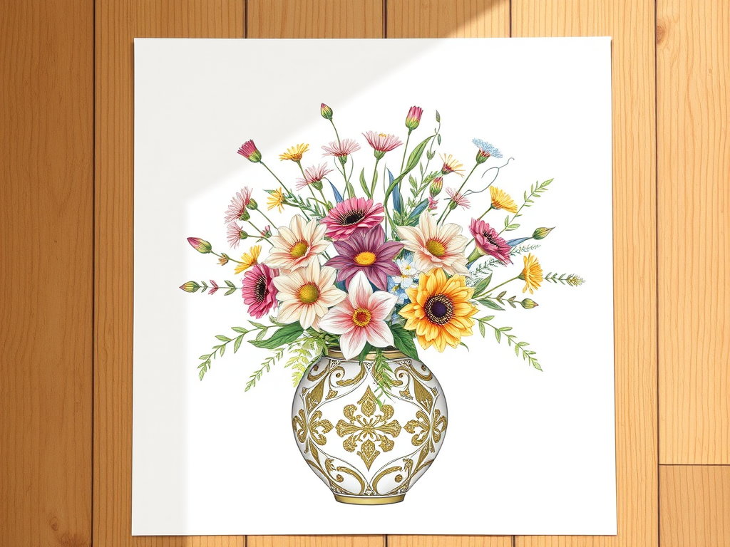 Create a detailed illustration of a floral arrangement in a decorative vase, using a high-resolution digital camera with a 50mm lens at f/2.8, ISO 100, taken from a top-down view with soft natural lighting.