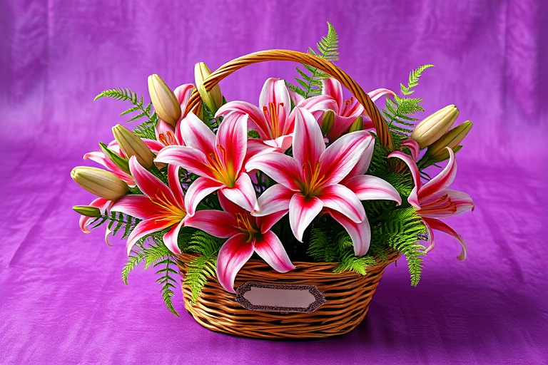 Create an image of a beautifully arranged basket of pink lilies with green ferns on a textured purple background, featuring a decorative label for writing, captured with a Canon EOS 5D Mark IV, 50mm lens, aperture f/2.8, shallow depth of field, bright and soft lighting to enhance color vibrancy.