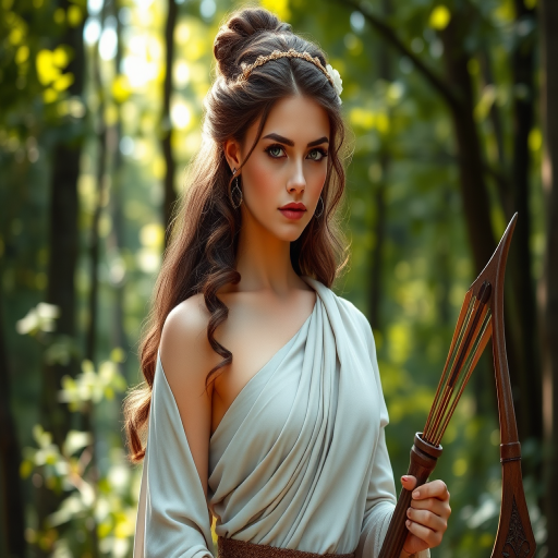 Create a portrait of a goddess-like female figure in a tranquil, forested environment. She has an elegant appearance with long, wavy hair styled in an updo and adorned with a delicate, floral headband. She wears a flowing, ancient Greek-inspired gown in a soft, pale color, featuring a one-shoulder design and draped fabric that accentuates her graceful form. The outfit includes a decorative belt with ornate gold detailing, and she holds a bow in her hand, with a quiver of arrows slung over her shoulder. The background depicts lush greenery, with sunlight filtering through the trees, casting a gentle, ethereal light on the scene. Her expression is calm and contemplative, embodying a sense of wisdom and serenity.