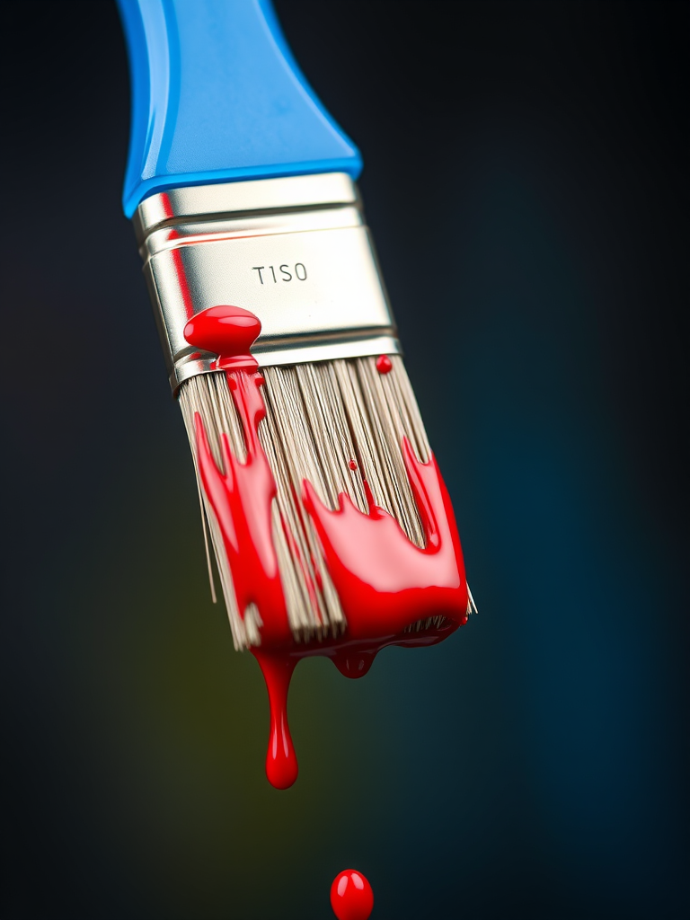 Create a vibrant digital illustration of a paintbrush with a blue handle and red paint dripping from the bristles, using a Canon EOS R5 camera, 50mm lens, f/2.8 aperture, focused close-up shot, bright lighting for enhanced color saturation.