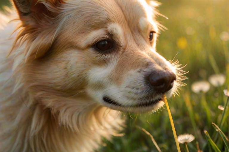 Close-up of a dog's nose sniffing a vibrant dandelion, with delicate seeds caught mid-flight in the soft golden light of a spring afternoon, and soft green grass blurred in the background.