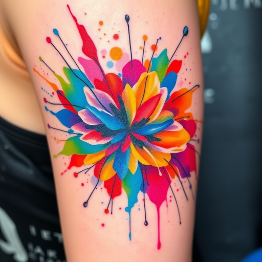 Vibrant watercolor splash tattoo named "Spectrum Burst" featuring a kaleidoscope of bright hues blending seamlessly, creating an abstract masterpiece on skin. Fluid brush strokes and paint splatters intertwine, giving the illusion of motion and energy. Delicate outlines in black ink add definition to the colorful chaos, enhancing its artistic appeal.