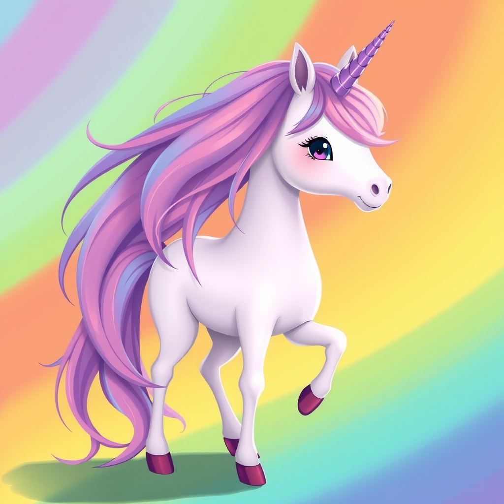 Create a whimsical illustration of a pastel-colored unicorn with a long flowing mane, standing gracefully with a rainbow background, captured in vibrant colors using a 50mm lens, f/2.8 aperture, soft focus style, digital painting to enhance image quality.