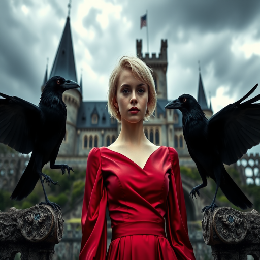Young woman with short blonde hair wearing a red satin dress standing between two black crows in front of a gothic castle under a dramatic sky, shot with a Canon EOS R5 at f/1.8, ISO 100, 50mm lens, natural lighting, portrait style.