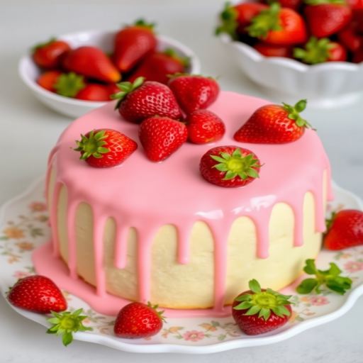 A delicious round cake with pink icing dripping down the sides topped with fresh strawberries on a decorative white plate accompanied by a bowl of strawberries in the background.