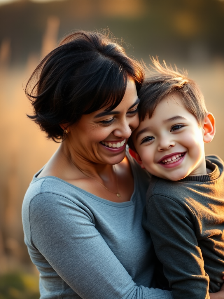 portrait of a mother and son sharing a joyful moment outdoors, soft focus background, golden hour lighting, 50mm lens, f/1.8 aperture, ISO 100, shutter speed 1/200s, DSLR camera, natural light photography