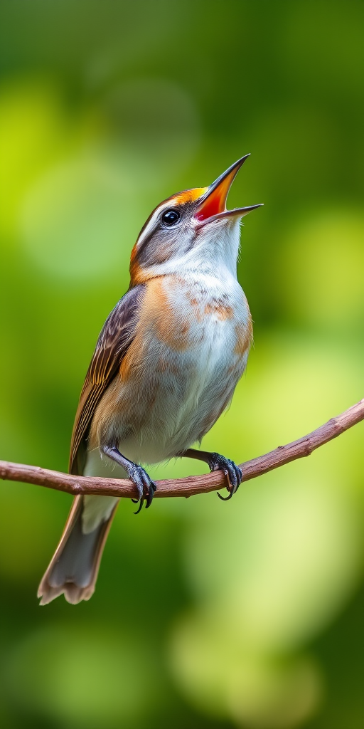 Capture a close-up shot of a singing bird perched on a branch, use a Canon EOS 90D with an 80mm lens at f/4.0, ISO 200, and a shutter speed of 1/500s, set in natural light with a blurred green background to emphasize the bird.