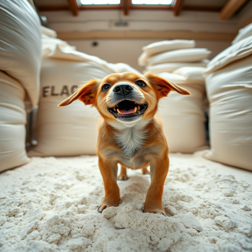 A playful dog in a flour-filled room surrounded by large sacks of flour, taken with a DSLR camera at f/2.8 aperture, ISO 200, 24mm focal length, using a low-angle shot to emphasize depth of field and detail.