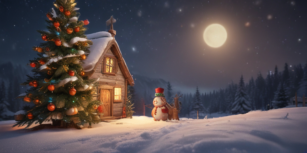 Cozy Winter Scene Featuring a Charming Cabin and Snowman Under Moonlight