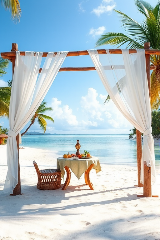 Create a picturesque tropical beach scene featuring a serene, white sandy shore. In the foreground, there's a rustic wooden canopy with white drapes gently flowing in the breeze. Underneath the canopy, a table is set with tropical decor, evoking a sense of relaxation and leisure. The beach extends into a calm, shallow water area with reflections of the sky and surroundings. Palm trees and lush greenery line the edge of the beach, providing a natural, tropical backdrop. The sky is clear with a few scattered clouds, and the overall atmosphere is tranquil and inviting, perfect for a peaceful retreat.