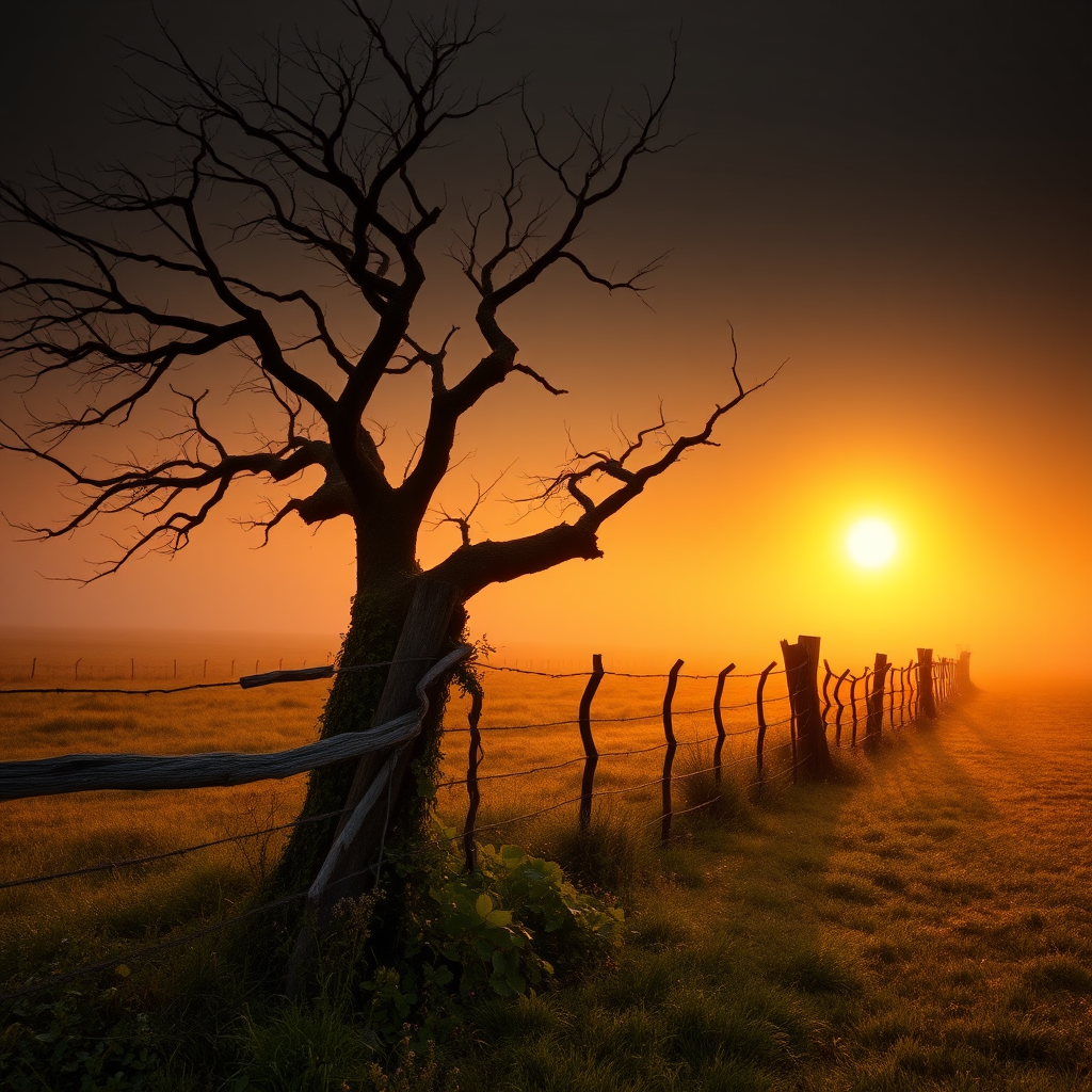 A serene countryside landscape at dawn, with a misty orange glow filling the air. The sun rises behind a large twisted and gnarled bare tree, casting a warm light over the scene. A rustic wooden fence, weathered and overgrown with vines and delicate wildflowers along the fence line, stretches into the distance, dividing a grassy field that fades into the fog. The grass is dew-kissed and shimmering, and there's a touch of mist rising from the ground. The sky gradually fades into darker shades as it reaches higher, enhancing the peaceful, dreamlike dark fantasy atmosphere