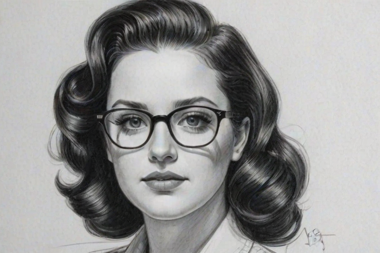 Pleasing Ashley McBryde, pencil sketch, portrait of Sublime woman 1939s in glasses, hair style beatnik, outline, clear lines, fine lines, 8k
