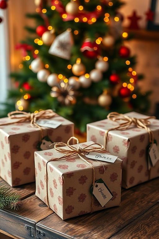 Create an image of beautifully wrapped Christmas presents with twine and tags, placed on a rustic wooden table. In the background, there is a softly lit Christmas tree adorned with warm lights and festive decorations, creating a cozy holiday atmosphere.