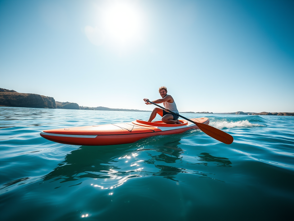 Generate an image of a person paddleboarding on calm water in bright sunlight, captured with a Canon EOS R5, 24-70mm lens, f/4 aperture, 1/500 sec shutter speed, ISO 100, from a low angle perspective for a vibrant and dynamic look.