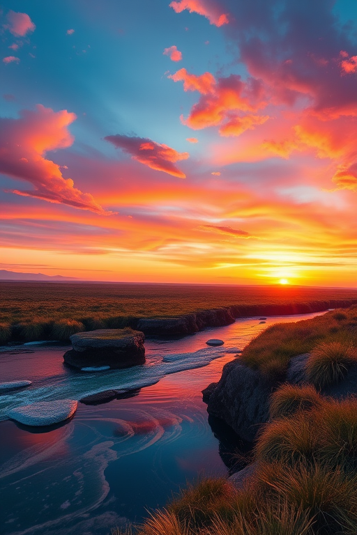 Create a detailed, high-resolution digital artwork of a serene landscape during sunset with vibrant colors, soft lighting, and flowing water reflections, captured with a DSLR camera at f/8 aperture, 1/125 sec shutter speed, ISO 100, using a wide-angle lens at 24mm for a panoramic view.